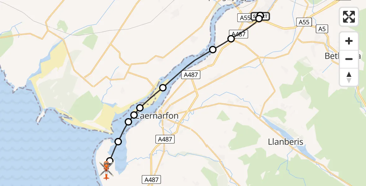 Flight route map: Coastguard Helicopter to Caernarfon Airport, Caernarfon Airport
