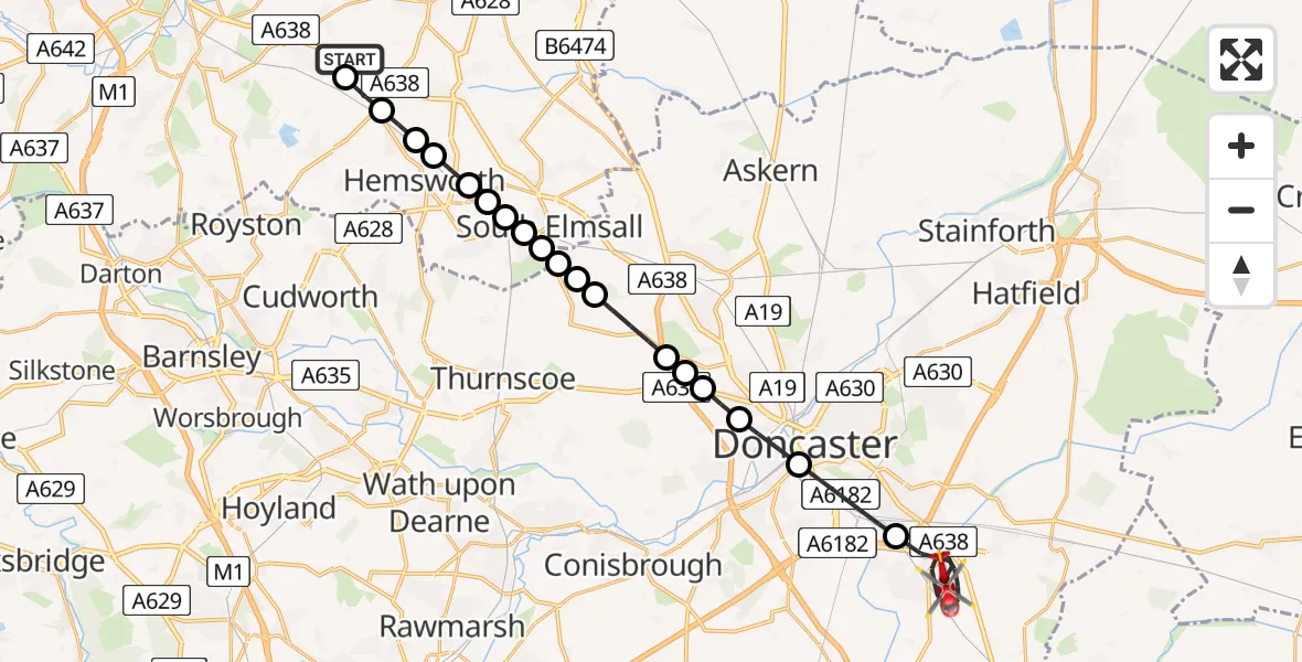 Flight route map: Air Ambulance Helicopter to Rossington, Elm Close