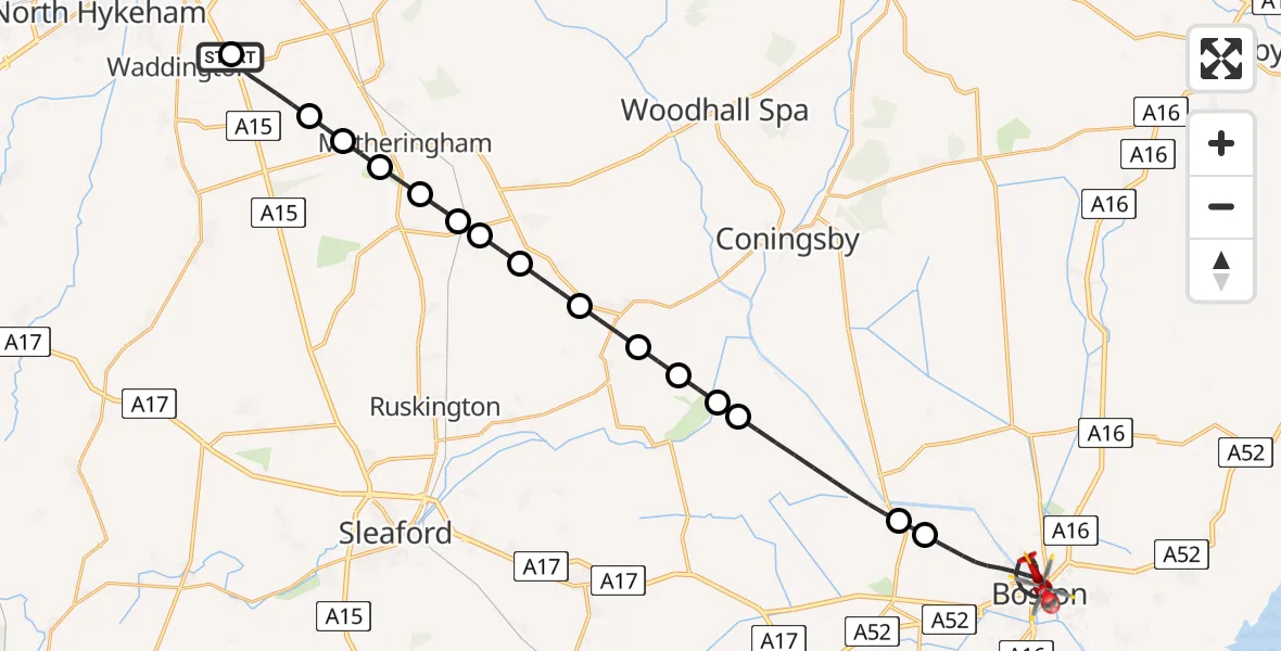 Flight route map: Air Ambulance Helicopter to Boston, Tawney Street