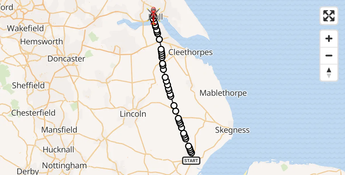 Flight route map: Air Ambulance Helicopter to Hull Royal Infirmary, Hull Royal Infirmary