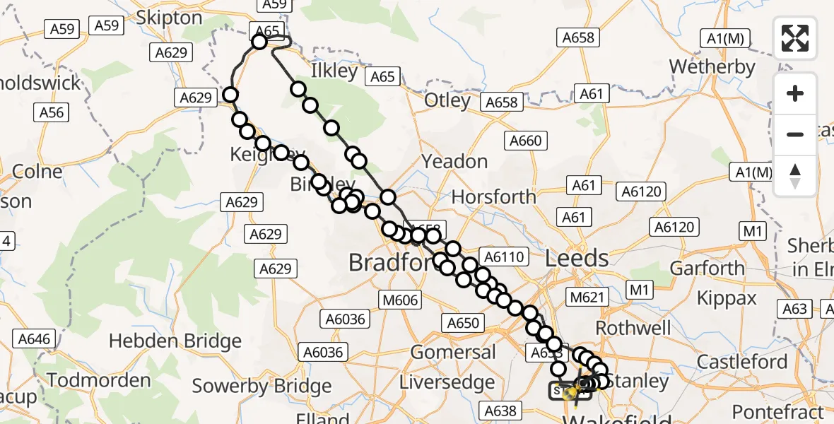 Flight path map showing Police Helicopter route from East Ardsley to East Ardsley