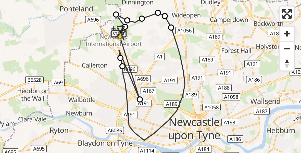 Flight route map: Police Helicopter to Newcastle International Airport, Newcastle International Airport
