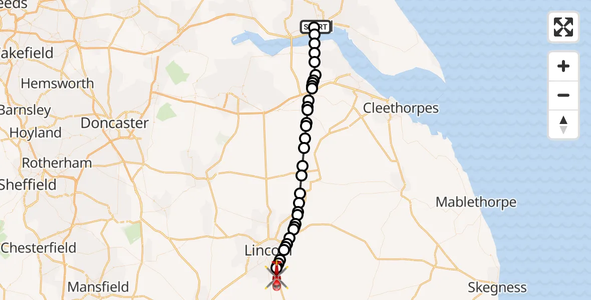 Flight route map: Air Ambulance Helicopter to North Kesteven, Sleaford Road