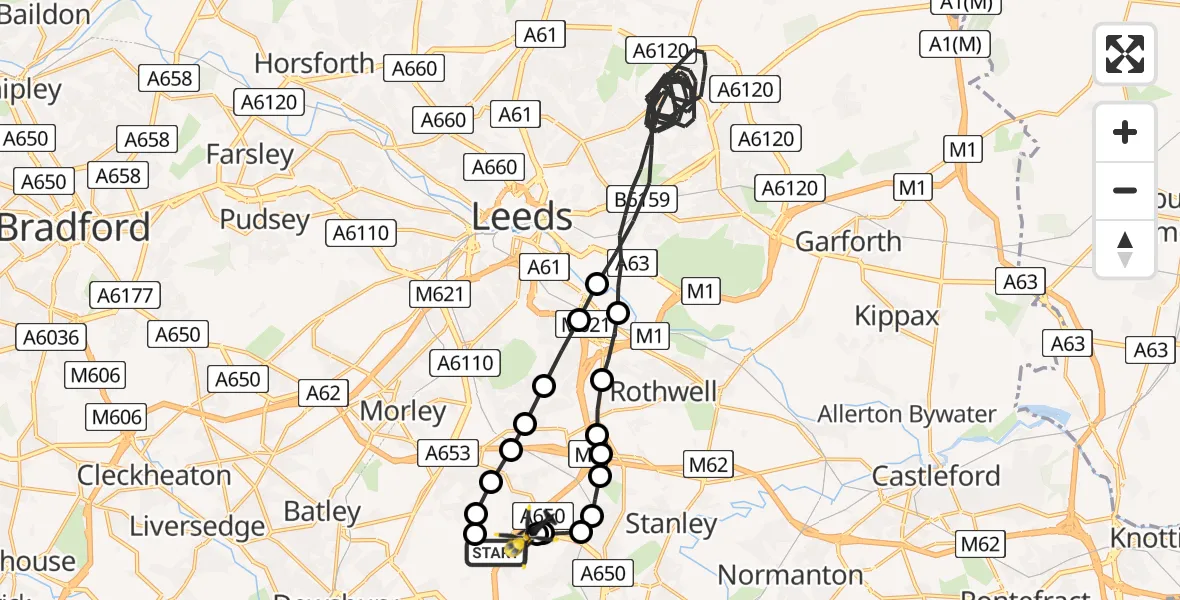 Flight path map showing Police Helicopter route from East Ardsley to East Ardsley