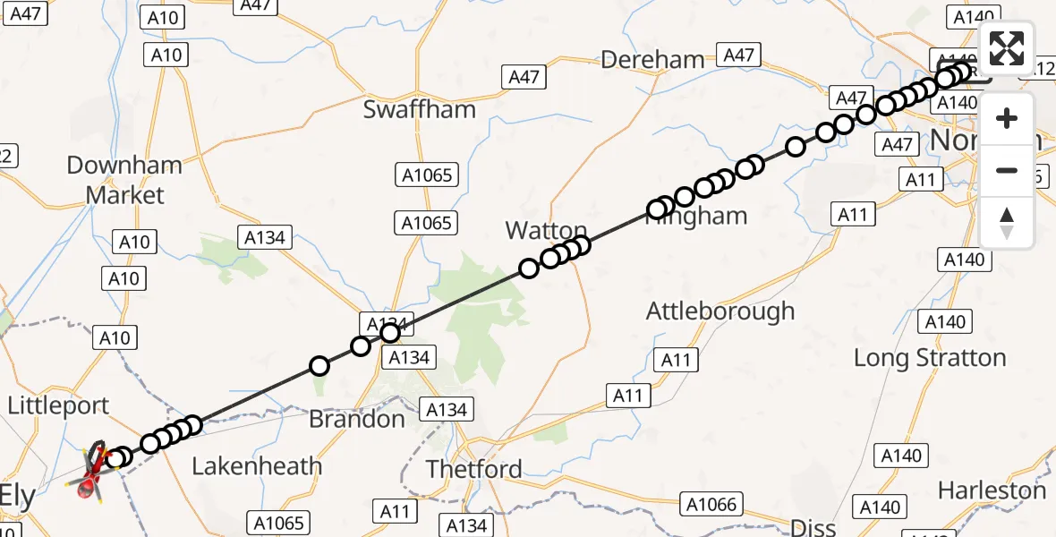 Flight route map: Air Ambulance Helicopter to Prickwillow, Putney Hill Road