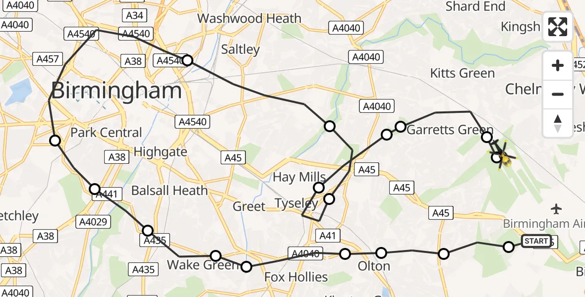 Flight path map showing Police Helicopter route from Birmingham Airport to Birmingham Airport