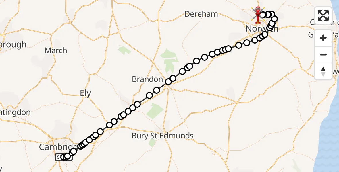 Flight route map: Air Ambulance Helicopter to Norwich Airport, Norwich Airport