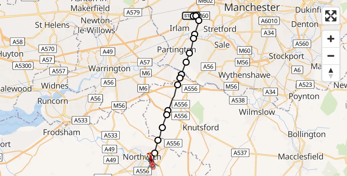 Flight route map: Air Ambulance Helicopter to Northwich, Belmont Road