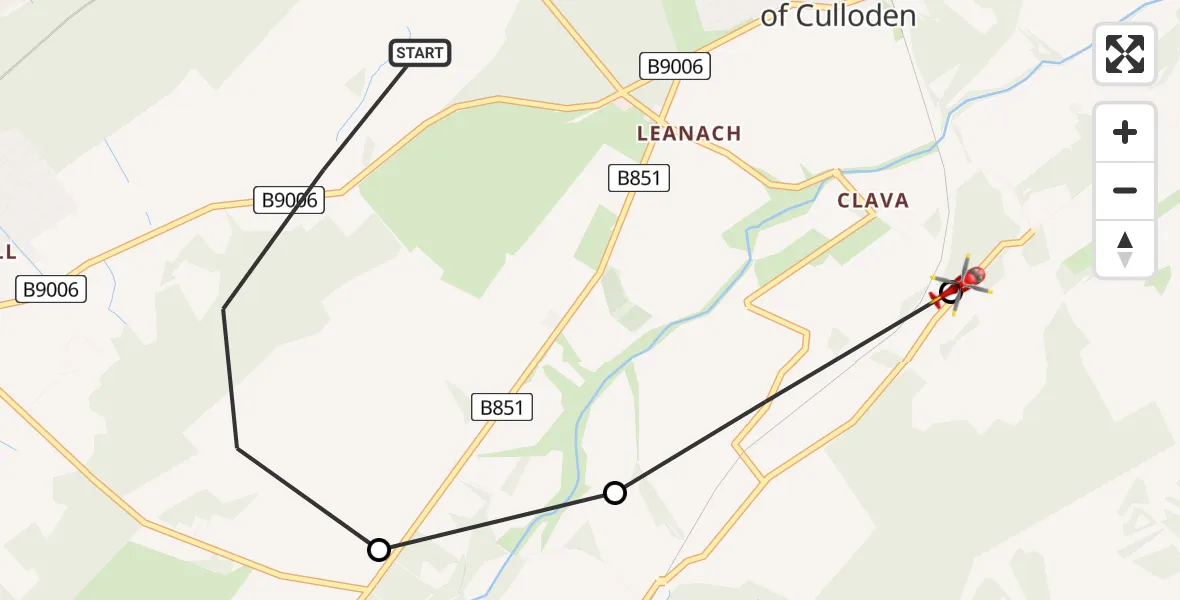 Flight route map: Air Ambulance Helicopter to Newlands of Culloden, C14