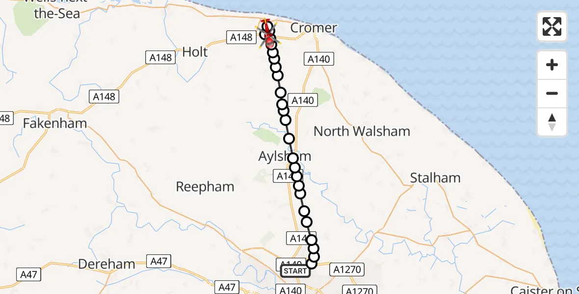 Routekaart van de vlucht: Air Ambulance Helicopter to Beeston Regis, Briton's Lane