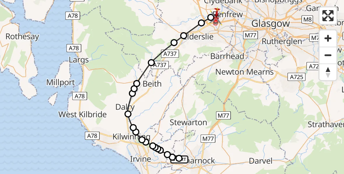 Flight route map: Air Ambulance Helicopter to Glasgow Airport, Glasgow Airport