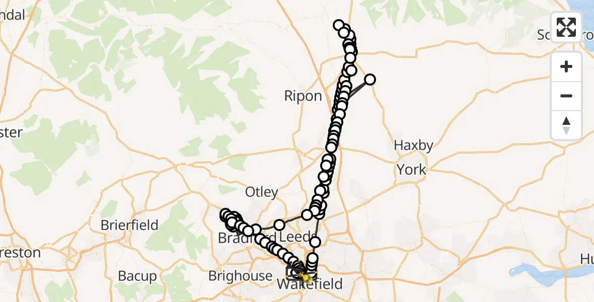 Flight path map showing Police Helicopter route from Wrenthorpe to East Ardsley