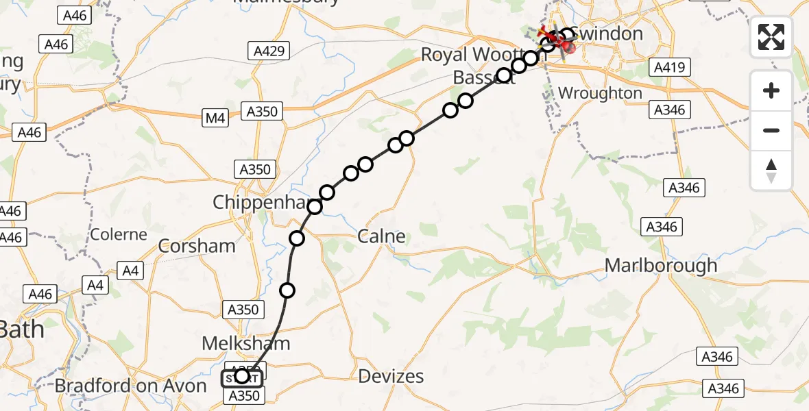 Flight route map: Air Ambulance Helicopter to West Swindon, Grosmont Drive