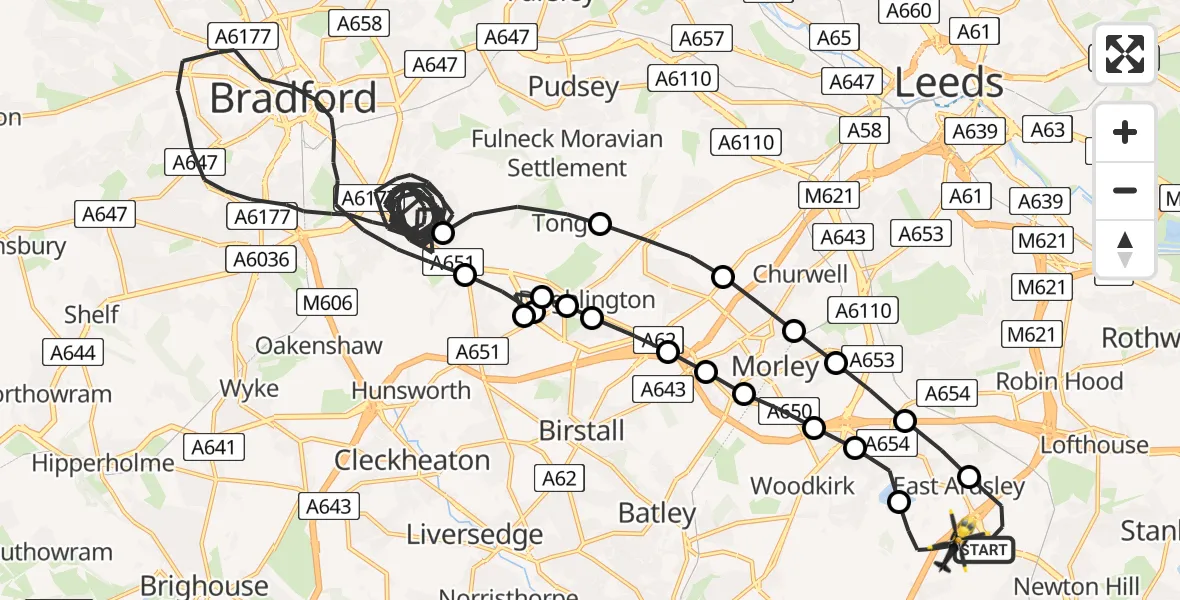 Flight path map showing Police Helicopter route from Wakefield to East Ardsley