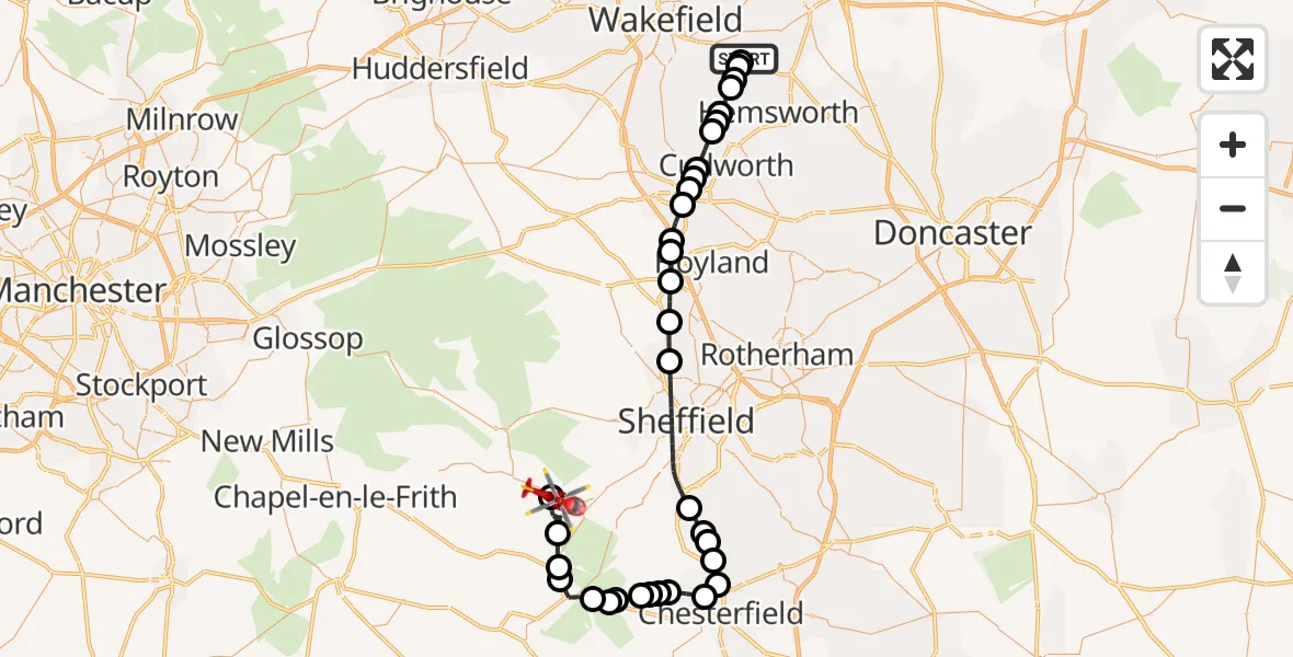 Flight route map: Air Ambulance Helicopter to Hathersage, Sheffield Road