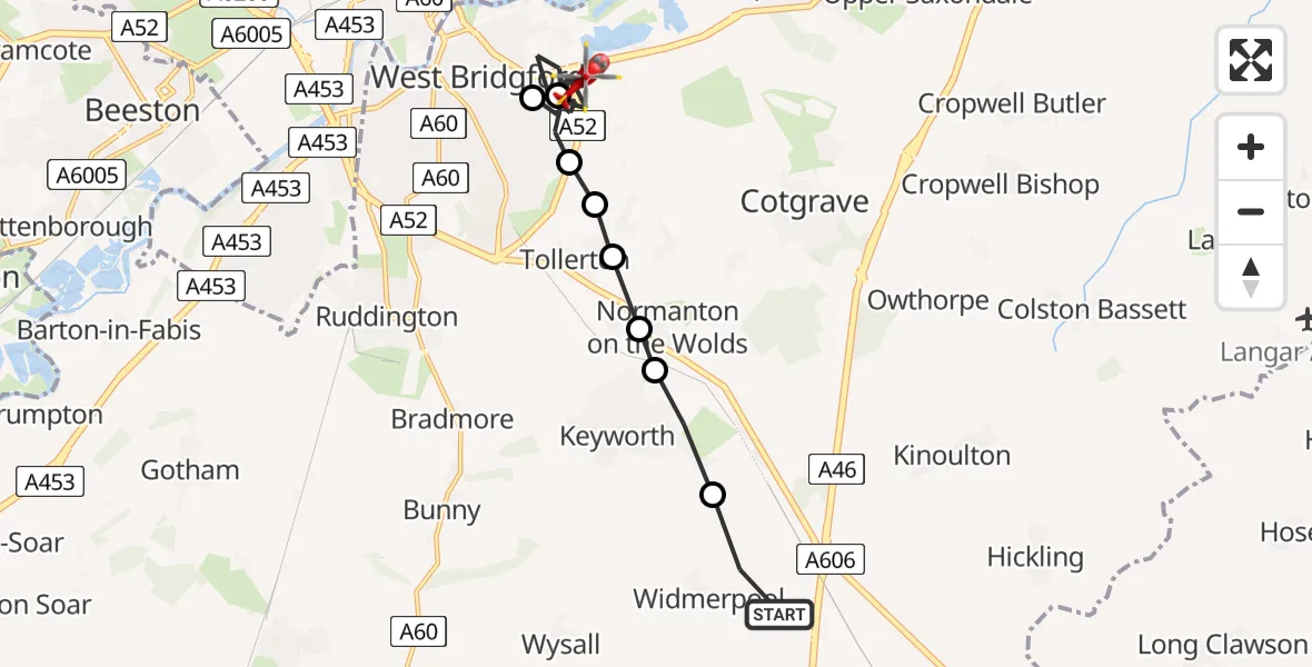 Flight route map: Air Ambulance Helicopter to West Bridgford, Gamston Lings Bar Road