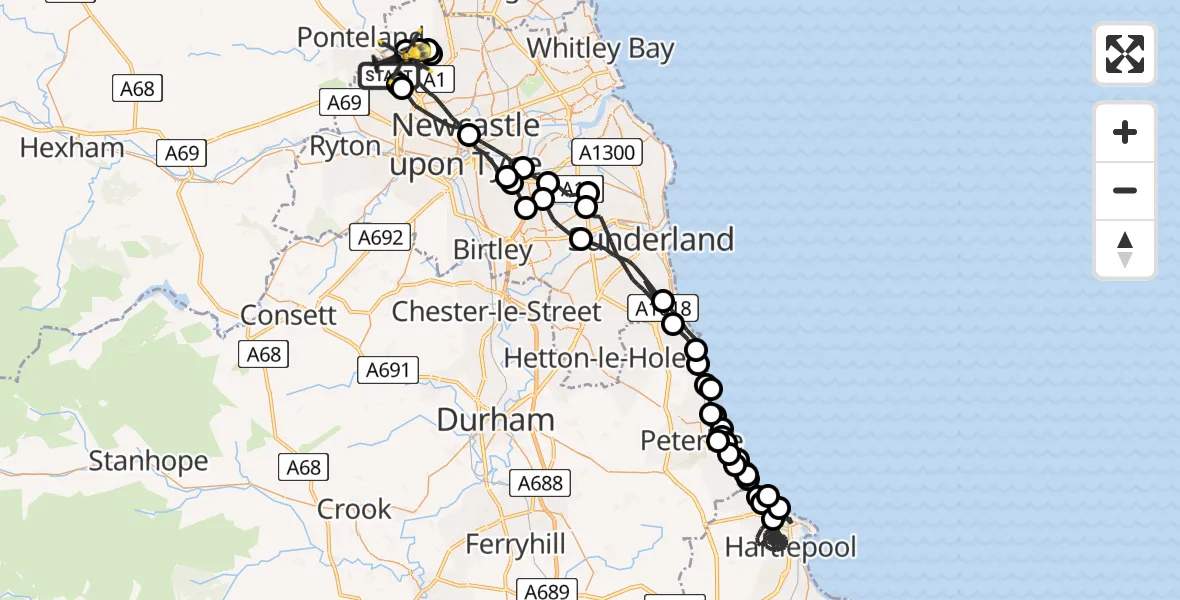 Flight route map: Police Helicopter to Newcastle International Airport, Newcastle International Airport