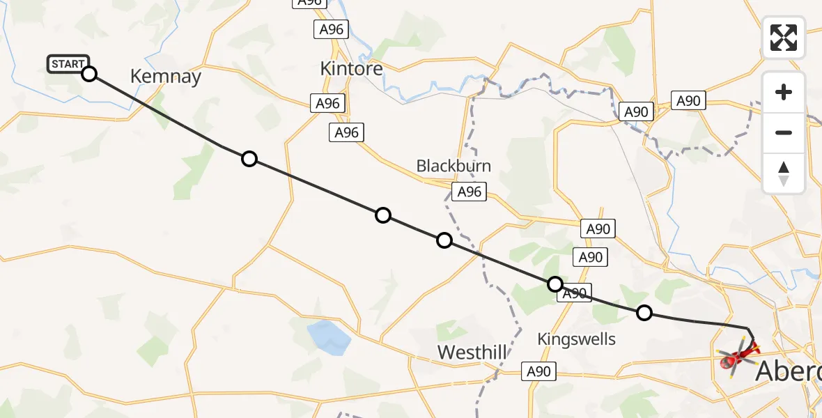Flight route map: Air Ambulance Helicopter to Aberdeen City, Westburn Drive