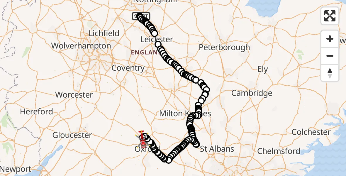 Flight route map: Air Ambulance Helicopter to London Oxford Airport, London Oxford Airport