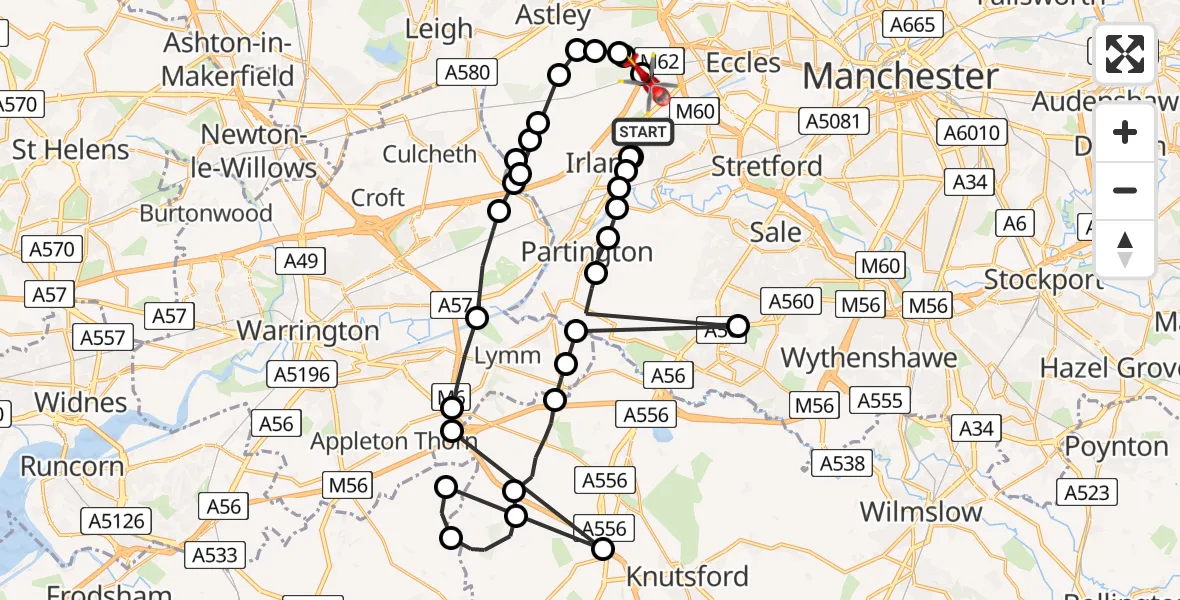 Flight route map: Air Ambulance Helicopter to Irlam, M62