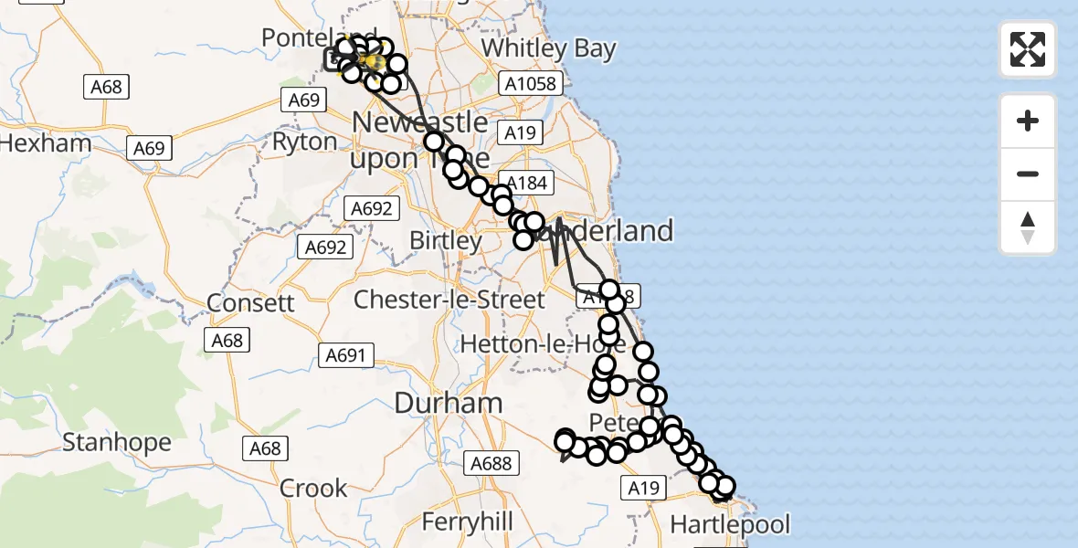 Flight route map: Police Helicopter to Newcastle International Airport, Newcastle International Airport