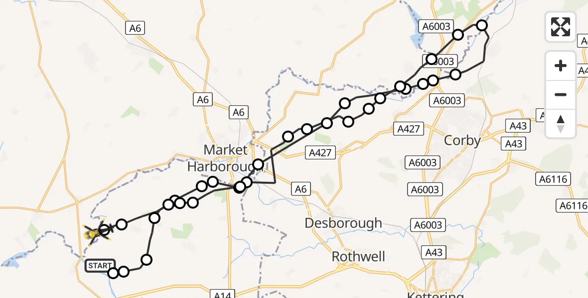 Routekaart van de vlucht: Police Helicopter to Harborough, Sulby Road