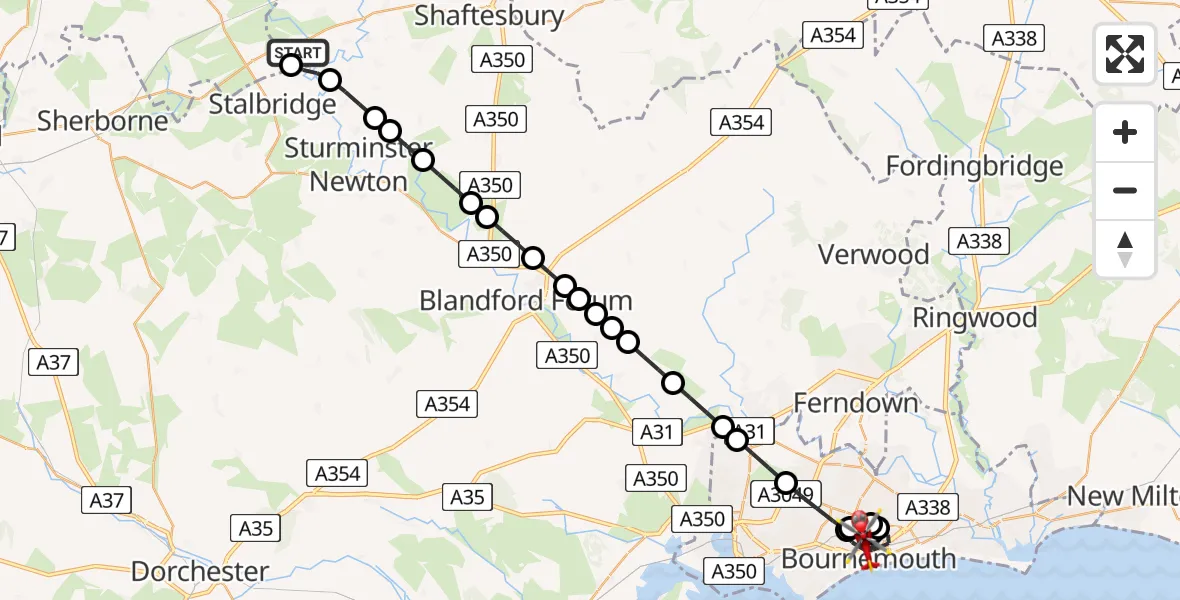 Flight route map: Air Ambulance Helicopter to Bournemouth, St Valerie Road
