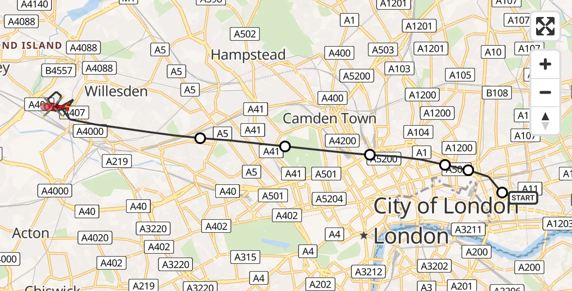 Flight route map: Air Ambulance Helicopter to London Borough of Brent, Marshall Street