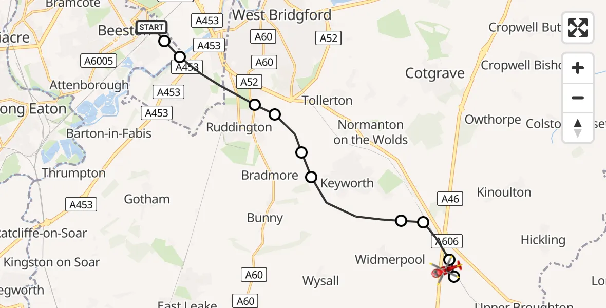 Flight route map: Air Ambulance Helicopter to Nottingham Heliport, Nottingham Heliport