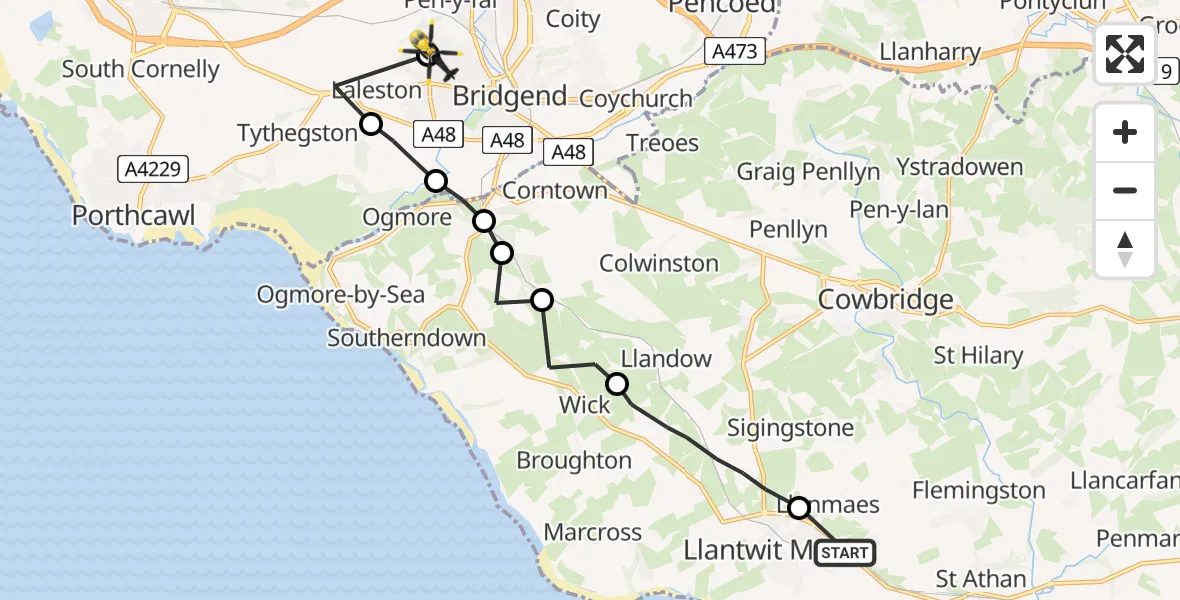 Flight path map showing Police Helicopter route from Boverton to Bryntirion