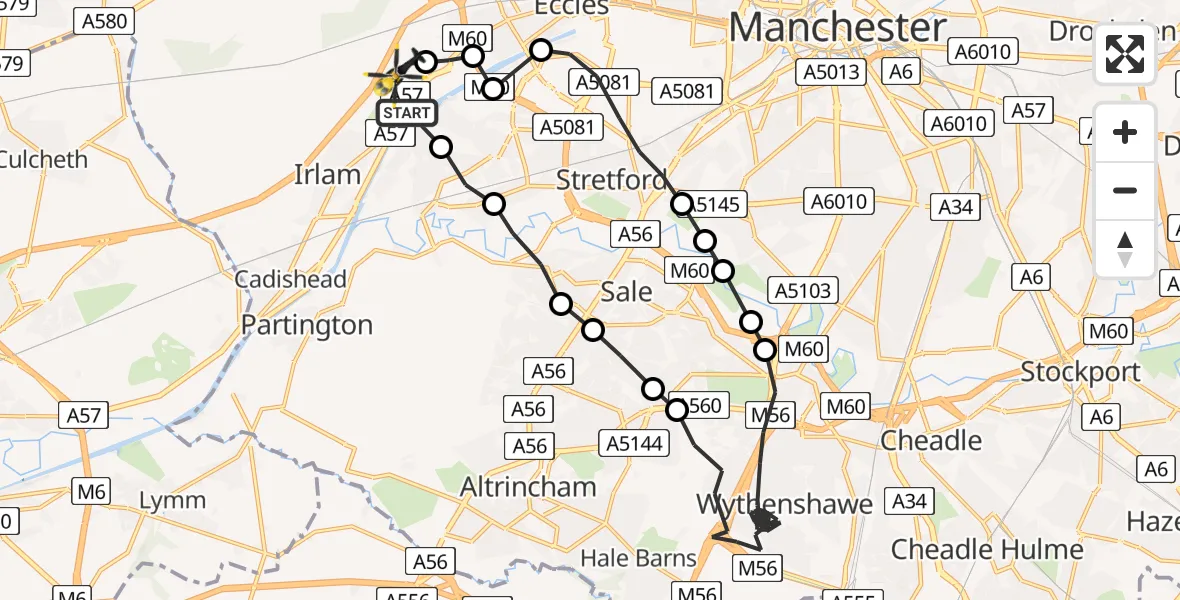 Flight route map: Police Helicopter to Manchester Barton Aerodrome, Manchester Barton Aerodrome