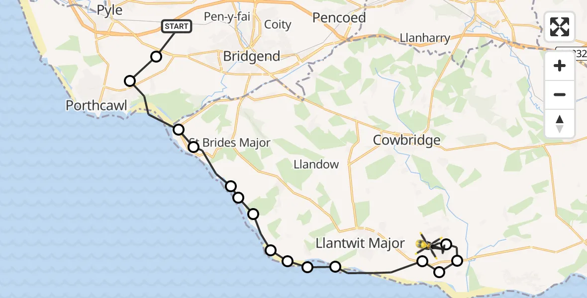 Flight path map showing Police Helicopter route from Cefn Cribwr to MOD St Athan