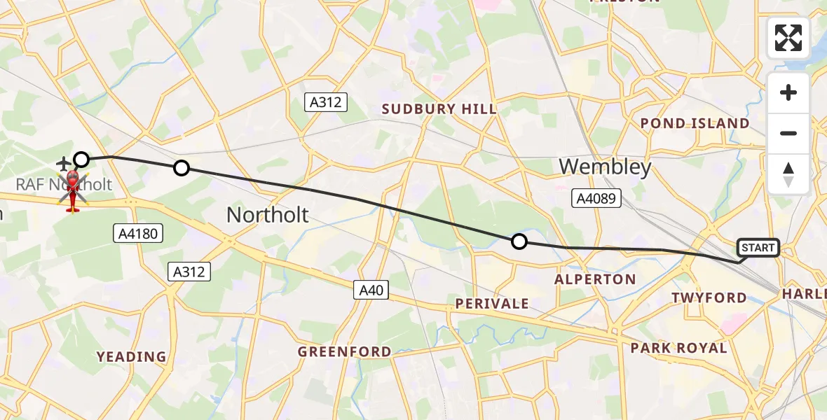 Routekaart van de vlucht: Air Ambulance Helicopter to RAF Northolt, RAF Northolt