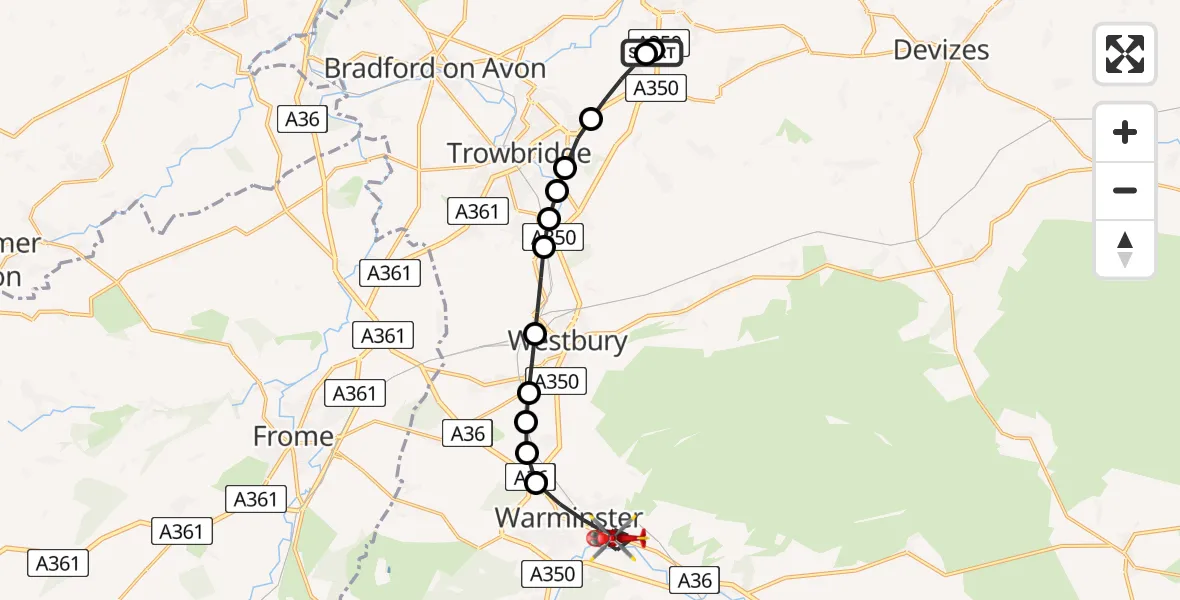 Flight route map: Air Ambulance Helicopter to Warminster, Boreham Road