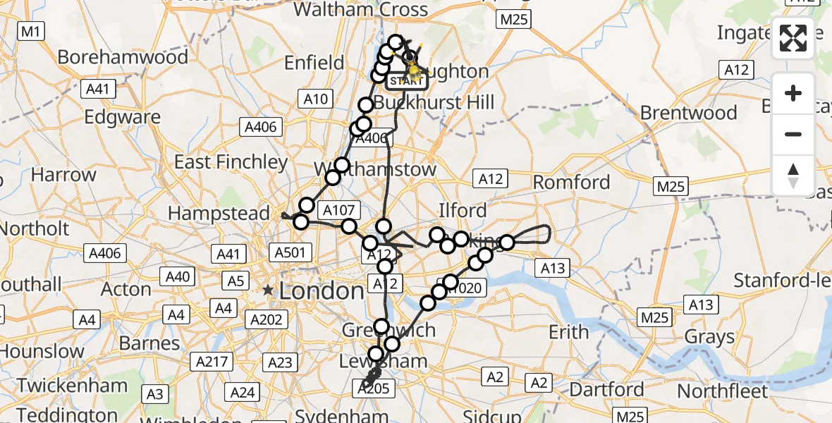 Flight route map: Police Helicopter to Metropolitan Police Air Support Unit Lippitts Hill, Metropolitan Police Air Support Unit Lippitts Hill