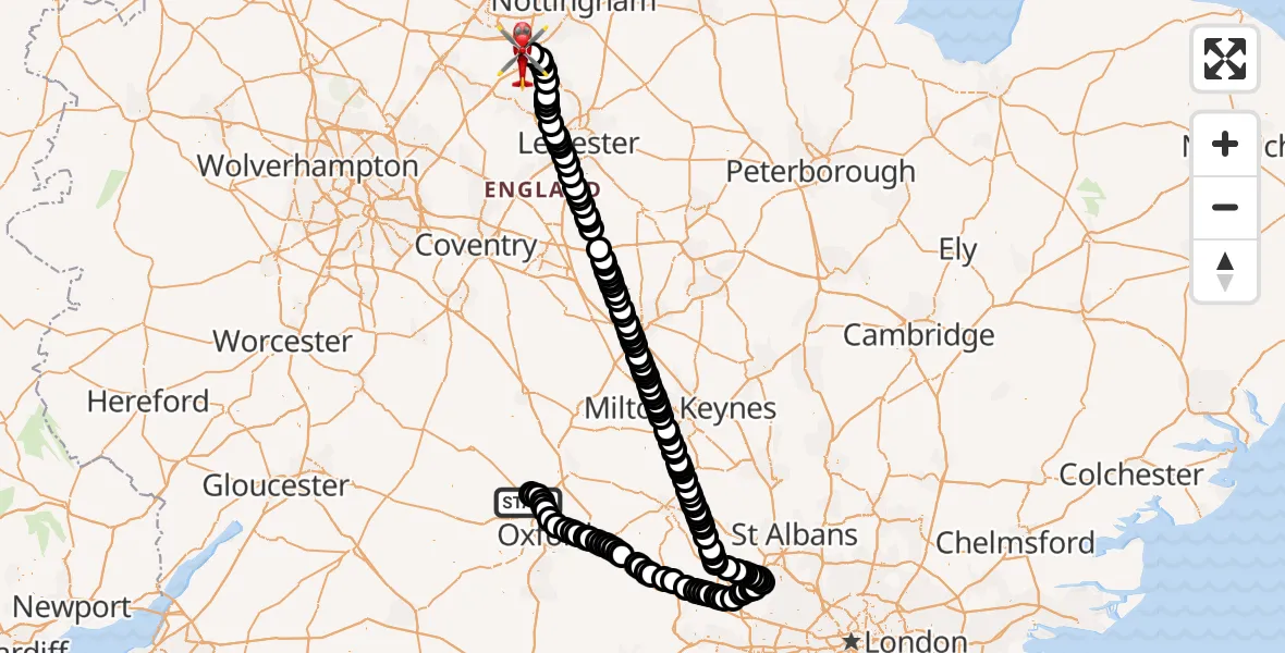Flight route map: Air Ambulance Helicopter to East Midlands Airport, East Midlands Airport