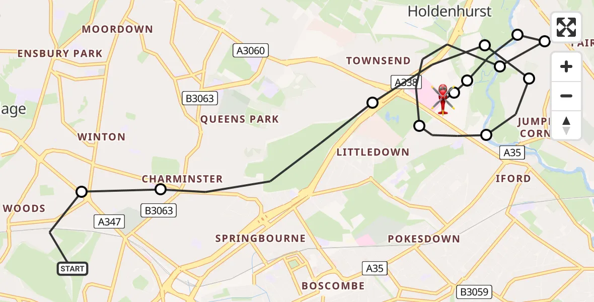 Flight route map: Air Ambulance Helicopter to Royal Bournemouth Hospital, Royal Bournemouth Hospital