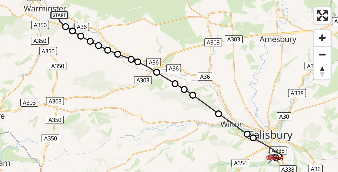 Routekaart van de vlucht: Air Ambulance Helicopter to Salisbury District Hospital, Salisbury District Hospital