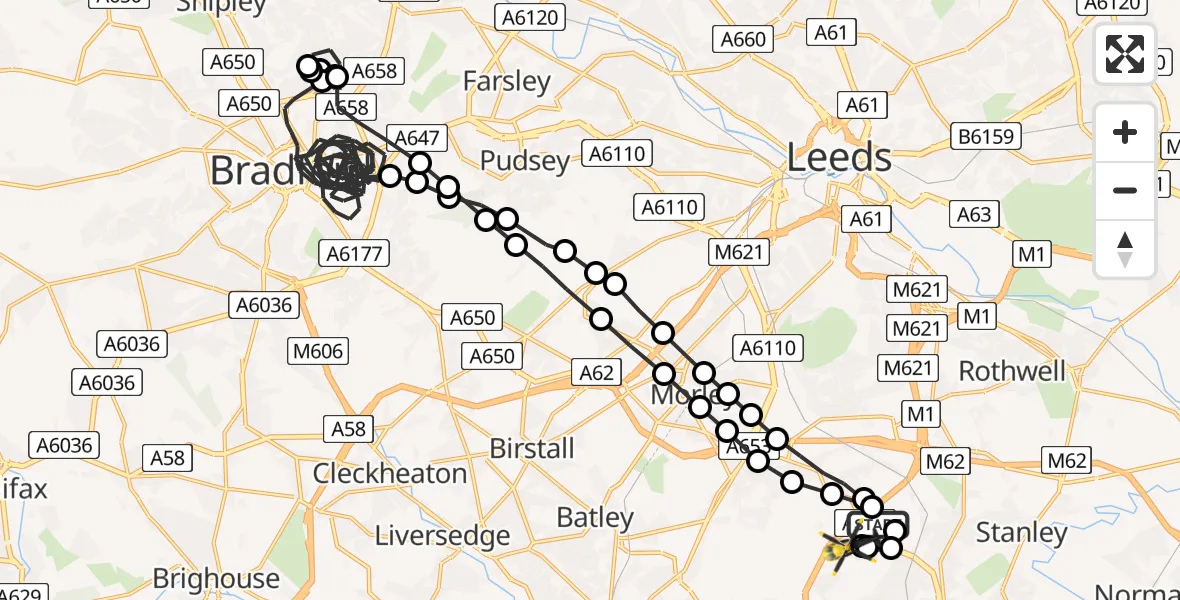 Flight path map showing Police Helicopter route from Wakefield to East Ardsley