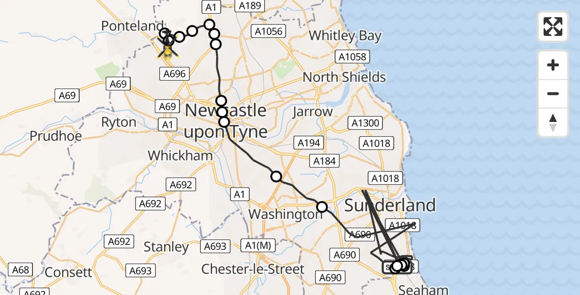 Routekaart van de vlucht: Police Helicopter to Newcastle International Airport, Newcastle International Airport