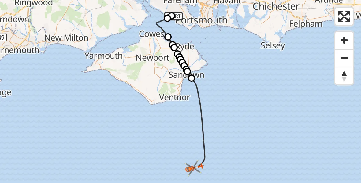 Flight route map: Coastguard Helicopter to English Channel, English Channel