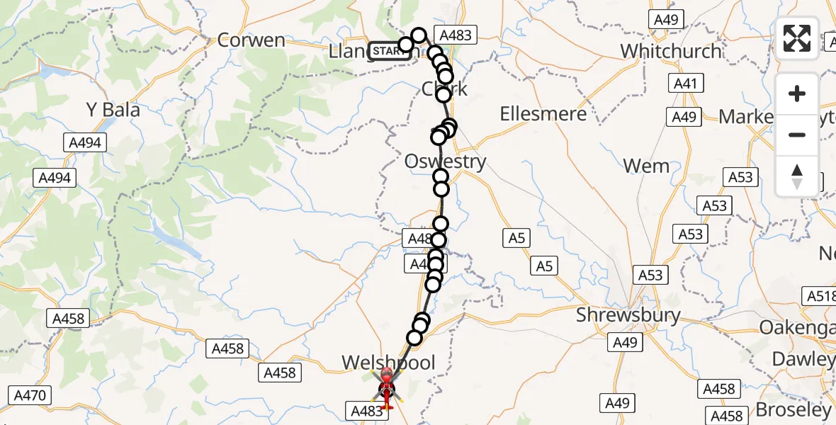 Routekaart van de vlucht: Air Ambulance Helicopter to Welshpool Airport, Welshpool Airport