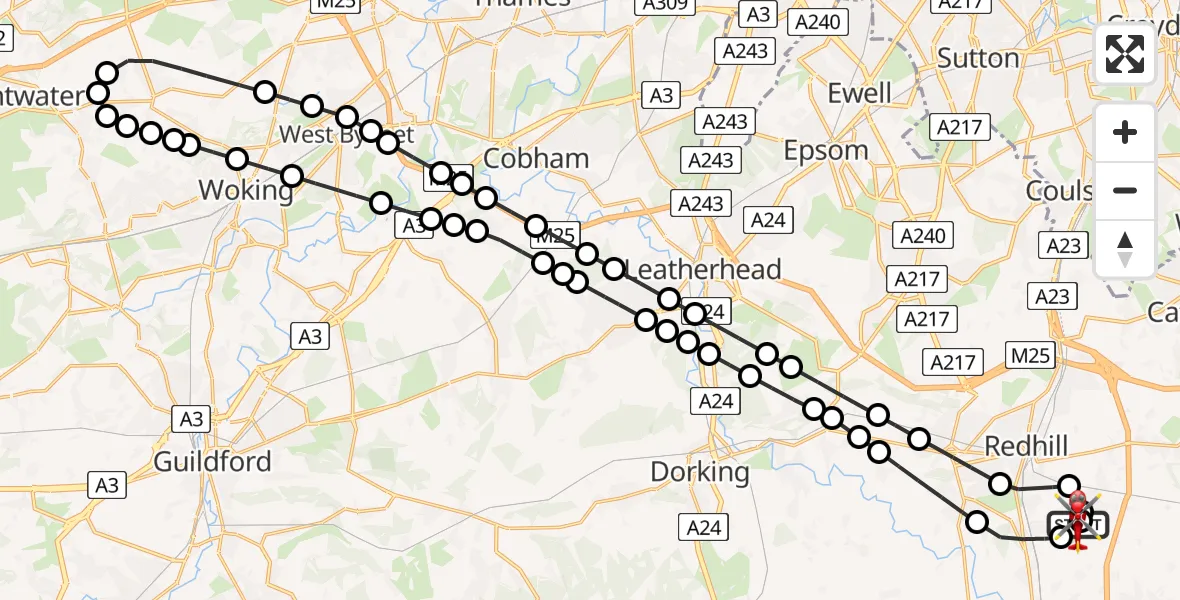 Flight route map: Air Ambulance Helicopter to Redhill Aerodrome, Redhill Aerodrome