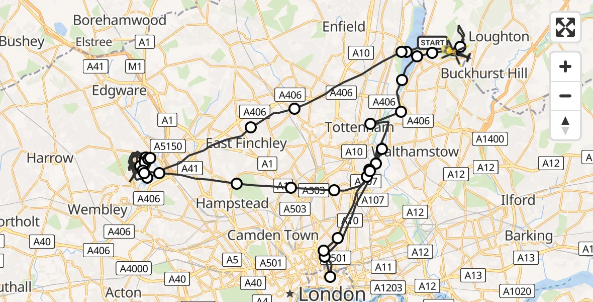 Flight path map showing Police Helicopter route from London Borough of Waltham Forest to London Borough of Waltham Forest