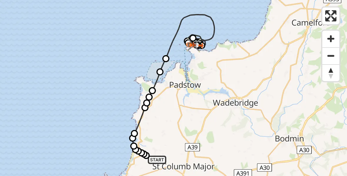 Flight route map: Coastguard Helicopter to New Polzeath, Baby Beach Lane