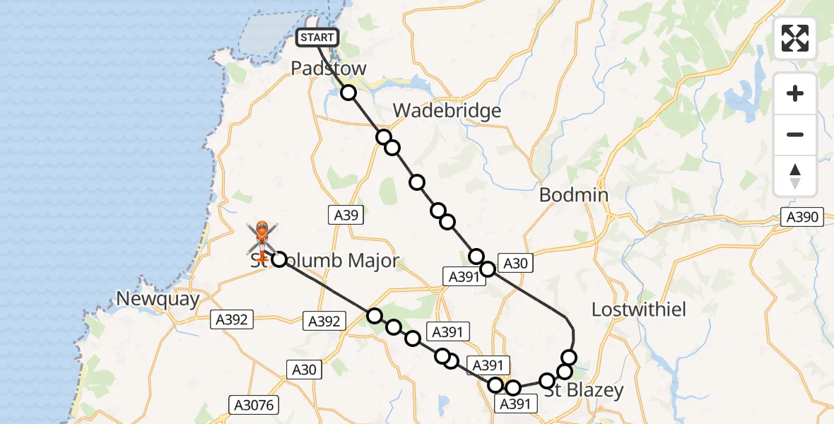 Flight route map: Coastguard Helicopter to Cornwall Airport Newquay, Cornwall Airport Newquay