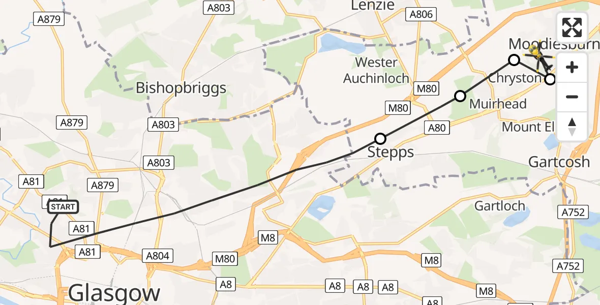 Flight route map: Police Helicopter to Moodiesburn, Pleaknowe Crescent