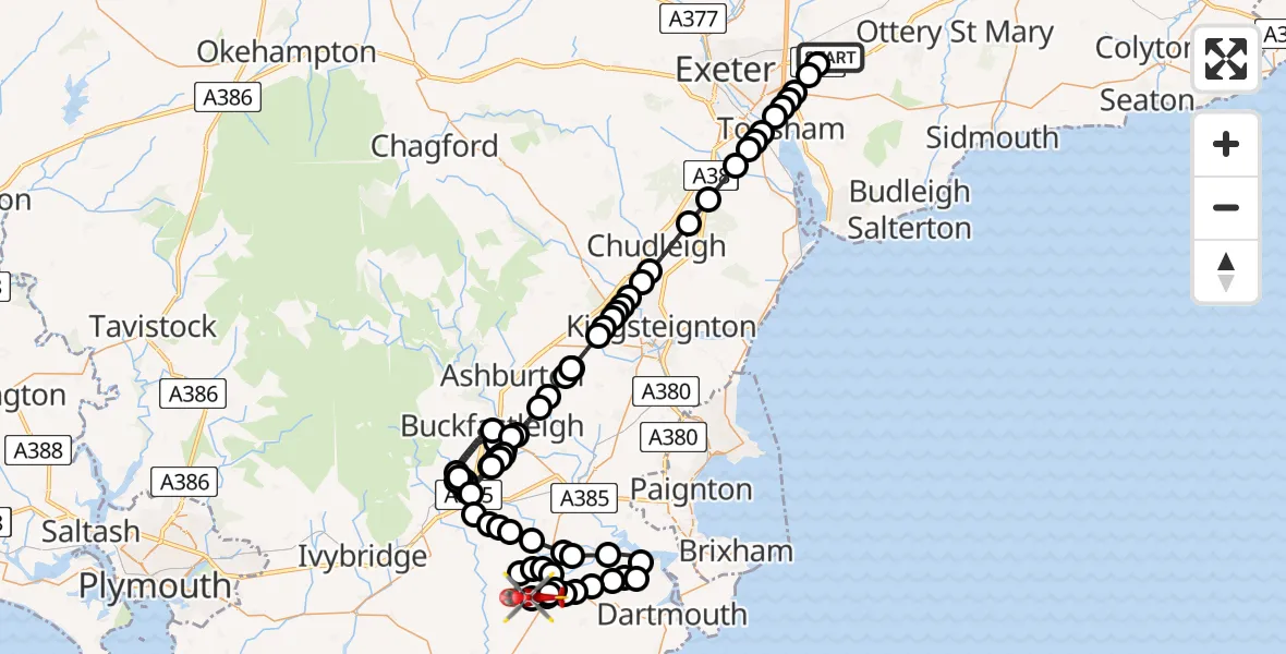 Flight route map: Air Ambulance Helicopter to Moreleigh, Moreleigh