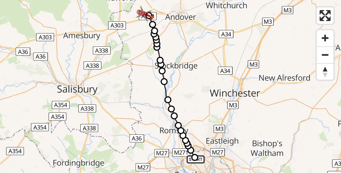 Flight route map: Air Ambulance Helicopter to Thruxton, Stanbury Road
