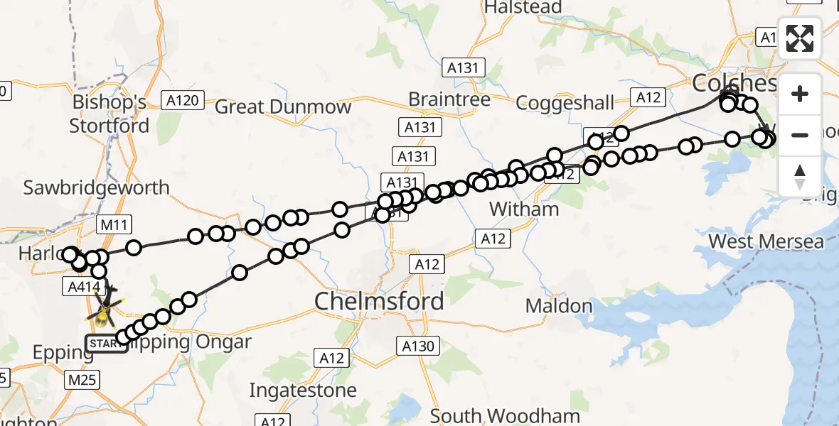 Flight route map: Police Helicopter to North Weald Bassett, Rayley Lane